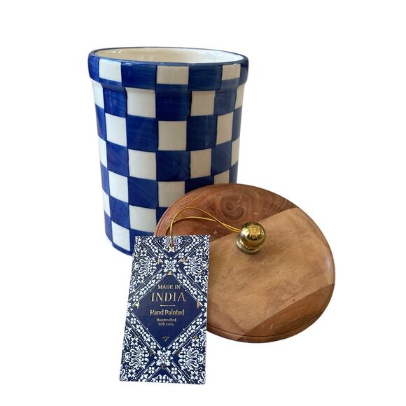 Hand Painted Checkered Ceramic Canister w/ Wood Lid Made in India Blue White NEW - Picture 6 of 16